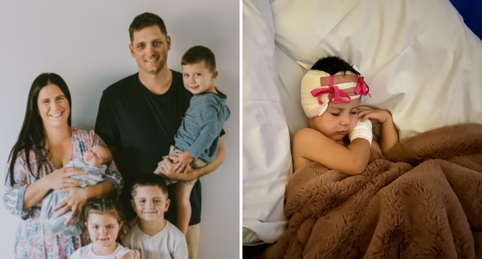 The family of six pose for a picture (left) and Nate lies in bed with bandages around his head after surgery (right). 