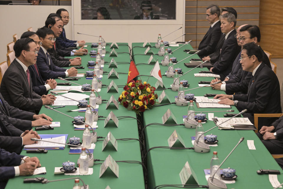 Vietnam's President Vo Van Thuong, left, speaks with Japan's Prime Minister Fumio Kishida, right, during a bilateral meeting at the prime minister's official residence in Tokyo, Japan, Monday, Nov. 27, 2023. (Richard A. Brooks/Pool Photo via AP)