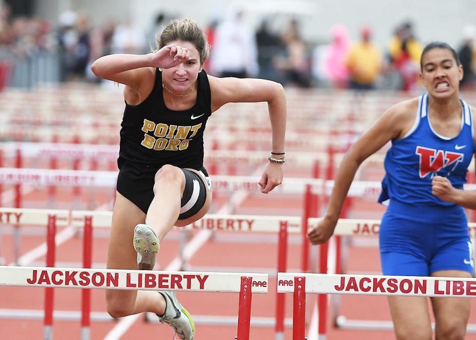 Point Pleasant's Shea Burke wins the G2 100 meter Hurdles at 15.55 at the Central and South Groups 2-3 Track sectionals at Jackson Liberty HS on 6/3/2023