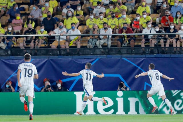 Atalanta’s Remo Freuler (centre) celebrates after scoring in the Champions League against Villarreal