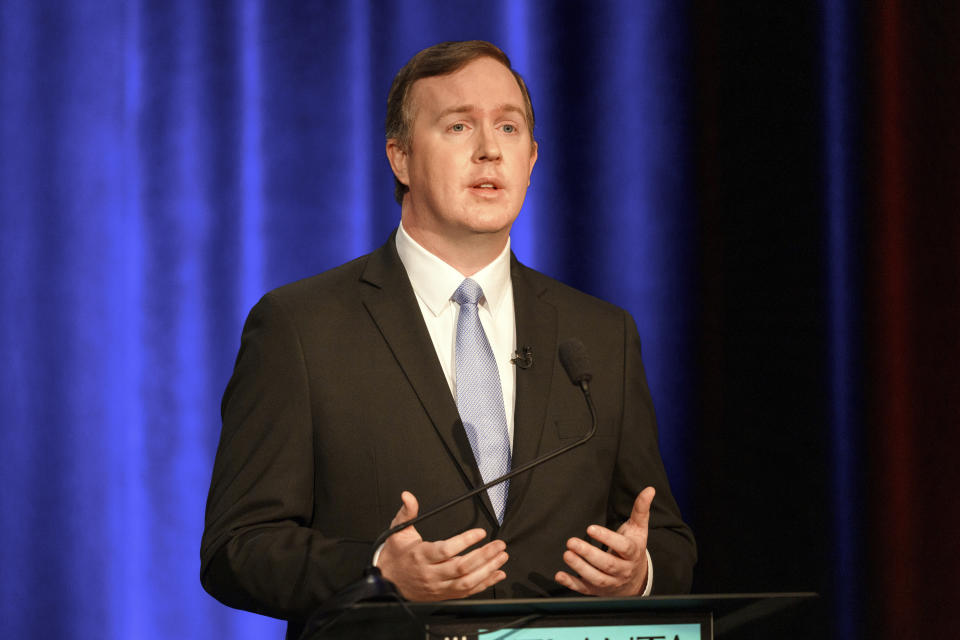 FILE - Republican Brian Jack speaks at the 3rd Congressional District debate hosted by the Atlanta Press Club on April 28, 2024, in Atlanta. Voters are choosing between Jack and four other Republicans in a primary to decide the GOP nominee on Tuesday, May 21, 2024. (AP Photo/Jason Allen, File)