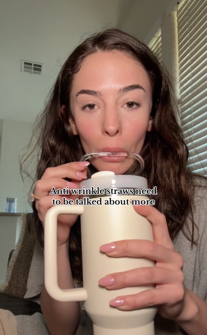 A person sips from a mug using a straw, text overlay discusses anti-wrinkle straws
