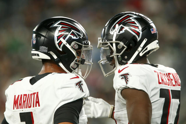 EAST RUTHERFORD, NJ - AUGUST 22: Atlanta Falcons quarterback Marcus Mariota  (1) during warm up prior to the National Football League game between the  New York Jets and the Atlanta Falcons on