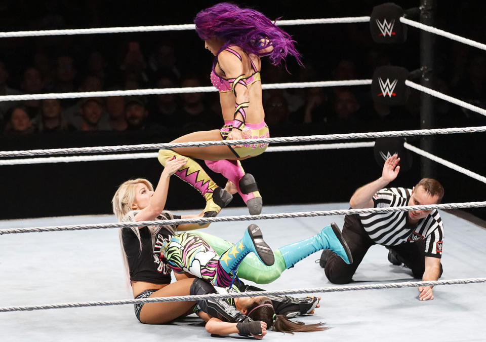 Sasha Banks, Alexia Bliss and Bayley, pictured here in action during a WWE live event.