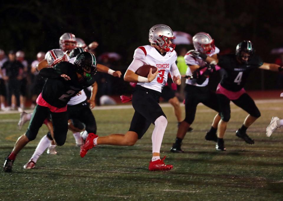 Somers quarterback Mac Sullivan (3) looks for some running room in the Yorktown defense during football action at Yorktown High School Oct. 20, 2023. Somers won the game 21-7.