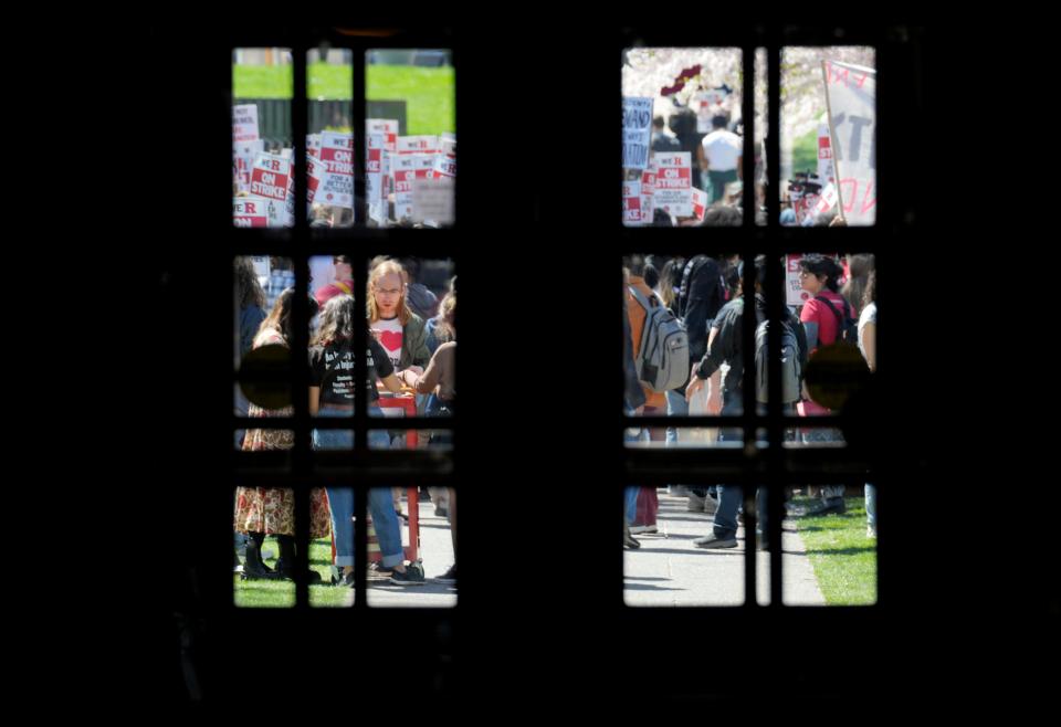 Murray Hall, at Rutgers University was mostly empty early Monday afternoon as hundreds outside declared a strike for the first time in the history of the school. Monday, April 10, 2023 