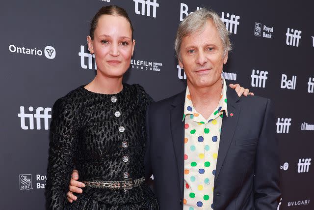 <p>Matt Winkelmeyer/Getty </p> Vicky Krieps and Viggo Mortensen in 2023