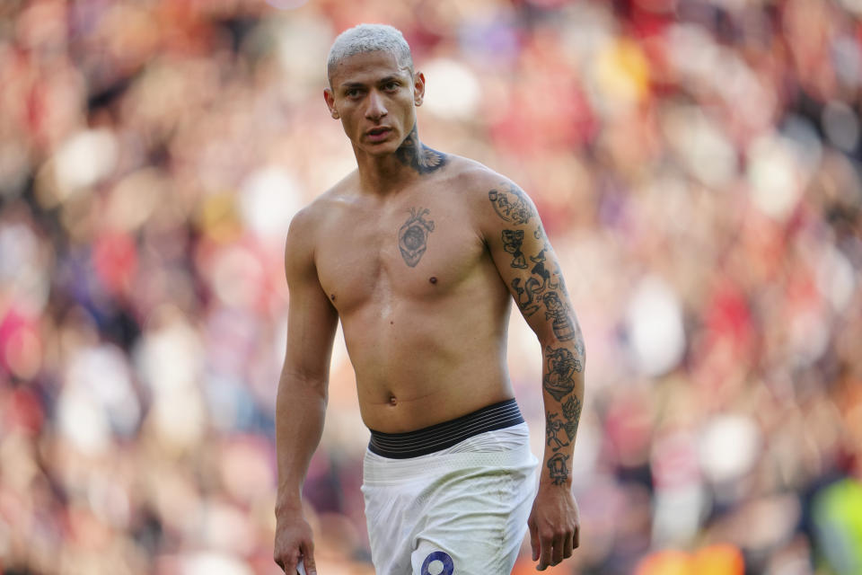 Tottenham's Richarlison leaves the pitch at the end of the English Premier League soccer match between Liverpool and Tottenham Hotspur at Anfield Stadium in Liverpool, England, Sunday, May 5, 2024. (AP Photo/Jon Super)