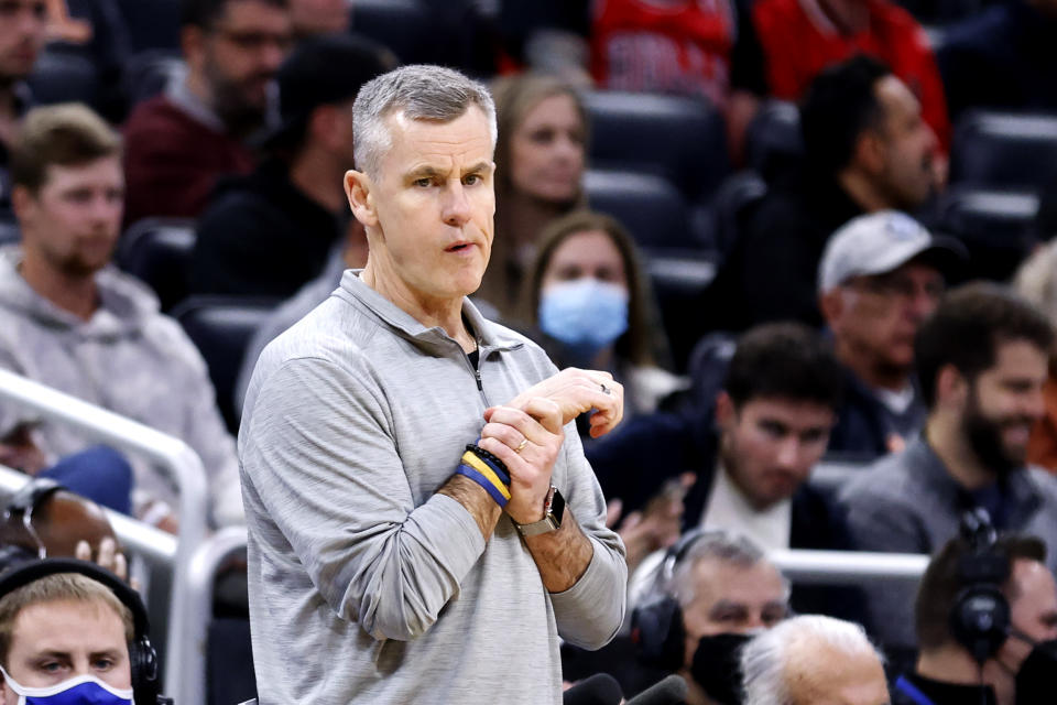 Chicago Bulls head coach Billy Donovan reacts in the first half of play against the Orlando Magic in an NBA basketball game, Sunday, Jan. 23, 2022, in Orlando, Fla. (AP Photo/Joe Skipper)