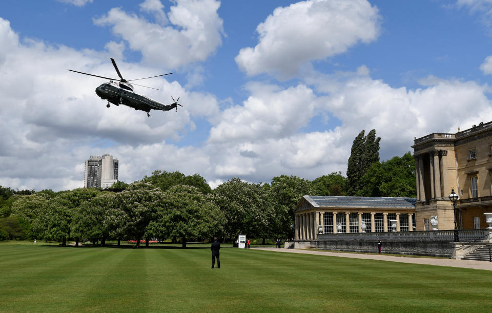 US President Donald Trump and his wife Melania arrive in Marine One at Buckingham Palace, in London on day one of his three day state visit to the UK.