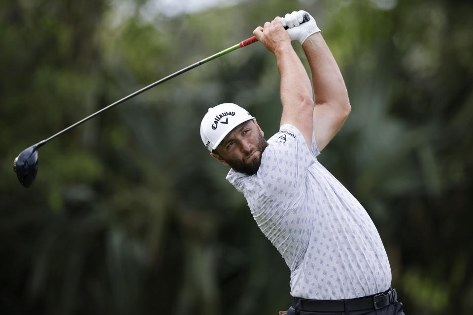 PONTE VEDRA BEACH, FL - MARCH 09: Jon Rahm of Spain hits a drive at the 7th hole during the first round of THE PLAYERS Championship on THE PLAYERS Stadium Course at TPC Sawgrass on March 09, 2023 in Ponte Vedra Beach, Florida. (Photo by Joe Robbins/Icon Sportswire via Getty Images)