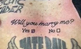 Tattoo-fan Bruno Neves, 33, proposed to his girlfriend with an inking which read "Will you marry me?", complete with 'Yes/No' tick boxes. Romantic Bruno popped the question to girlfriend Patricia Calado, 34, last week, with the help of his favourite tattoo artist Arron Adams, 33. The romantic delivery driver, from Great Yarmouth, Norfolk, asked his fiancée-to-be to come with him to A Sailor's Grave Tattoo Studio in the seaside town. Bruno, whose body already featured 20 inkings, told her he was getting some cover-up ink on an existing tat. But as mum-of-two Patricia sat in the waiting room for around 45 minutes, she had no idea that Bruno was actually getting the words "Will you marry me?" tattooed across his chest. A nervous Bruno, who is also a dad to a four-year-old son, even completed the tattoo with 'Yes' or 'No' tickboxes beneath the big question. And when a stunned Patricia read the words on his chest, she quickly grabbed a pen and put a cross through the 'Yes' box - which was then also tattooed on Bruno's chest.