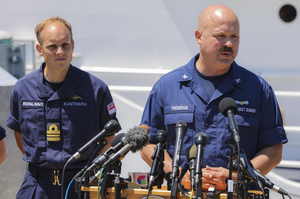 Boston, MA - June 21: US Coast Guard Capt. Jamie Frederick gives an update on the recovery process during a press conference on the Titan submersible that went missing while searching the Titanic wreck at the US Coast Guard Station Boston. (Photo by Matthew J. Lee/The Boston Globe via Getty Images)