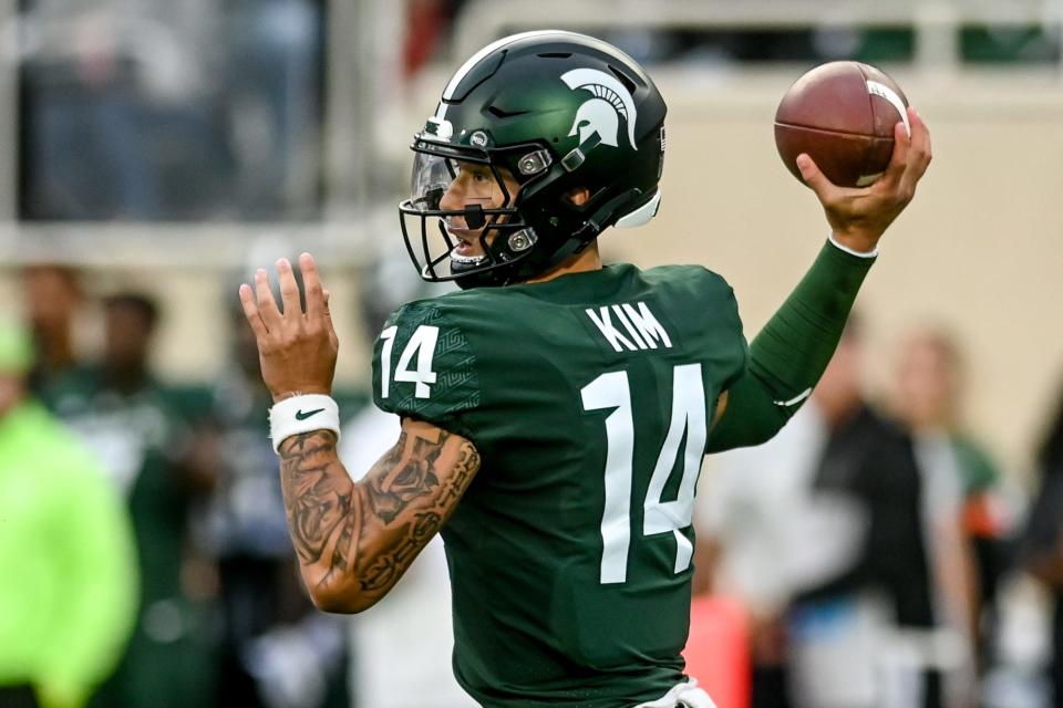 Michigan State's Noah Kim throws a pass against Minnesota during the fourth quarter on Saturday, Sept. 24, 2022, at Spartan Stadium in East Lansing.