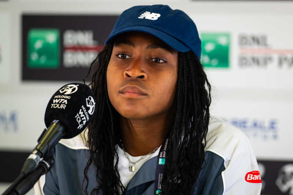 ROME, ITALY - MAY 13: Coco Gauff of the United States talks to the media after defeating Paula Badosa of Spain in the fourth round on Day Eight of the Internazionali BNL D'Italia at Foro Italico on May 13, 2024 in Rome, Italy (Photo by Robert Prange/Getty Images)