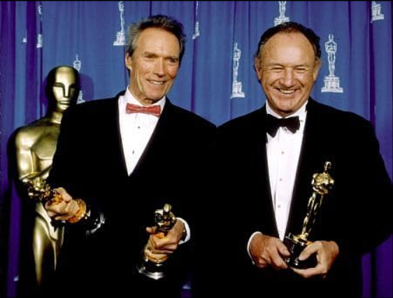 Clint Eastwood and Hackman with their Oscar wins for <em>Unforgiven</em>. Photo courtesy of imdb.com.