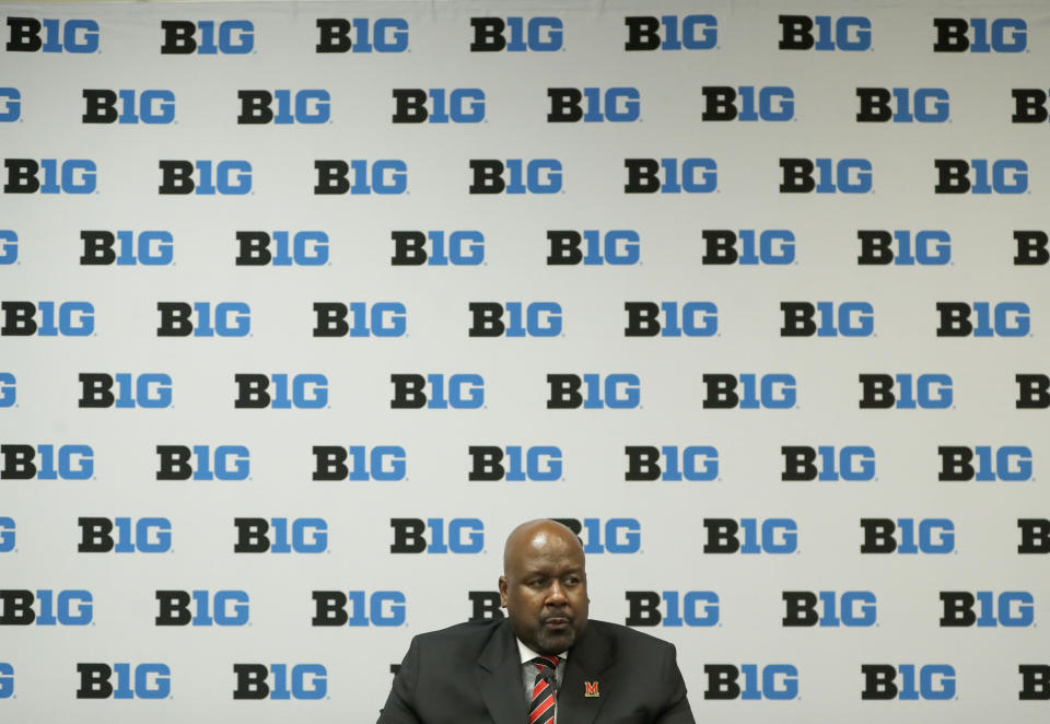 Maryland head coach Mark Locksley talks to reporters during the Big Ten Conference NCAA college football media days Thursday, July 18, 2019, in Chicago. (AP Photo/Charles Rex Arbogast)