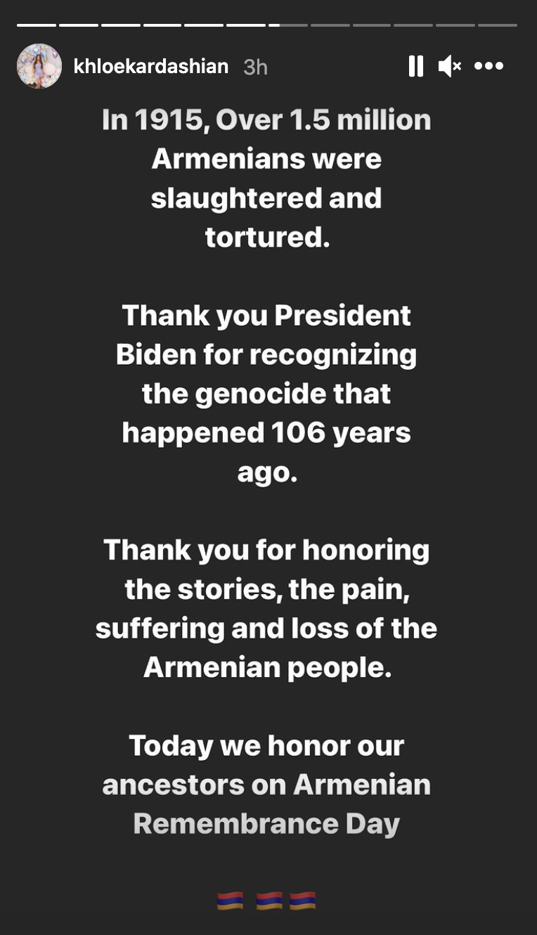 Khloe Kardashian praised President Jo Biden for publicly acknowledging the Armenian Genocide. (Screenshot: Instagram/Khloe Kardashian)