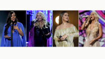 This combination photo shows Mickey Guyton, from left, Miranda Lambert, Maren Morris and Carrie Underwood performing at the 56th annual Academy of Country Music Awards in Nashville, Tenn. The awards show aired on April 18 with both live and prerecorded segments. Underwood brought the Academy of Country Music Awards to church. Morris won two honors, including song of the year, Lambert performed three times and held onto her record as the most decorated winner in ACM history and Guyton, the first Black woman to host the awards show, gave a powerful, top-notch vocal performance. (AP Photo)