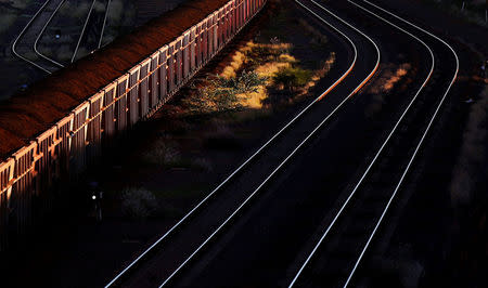FILE PHOTO: A train loaded with iron ore travels towards the Rio Tinto Parker Point iron ore facility in Dampier at the Pilbarra region in Western Australia April 20, 2011. REUTERS/Daniel Munoz/File Photo