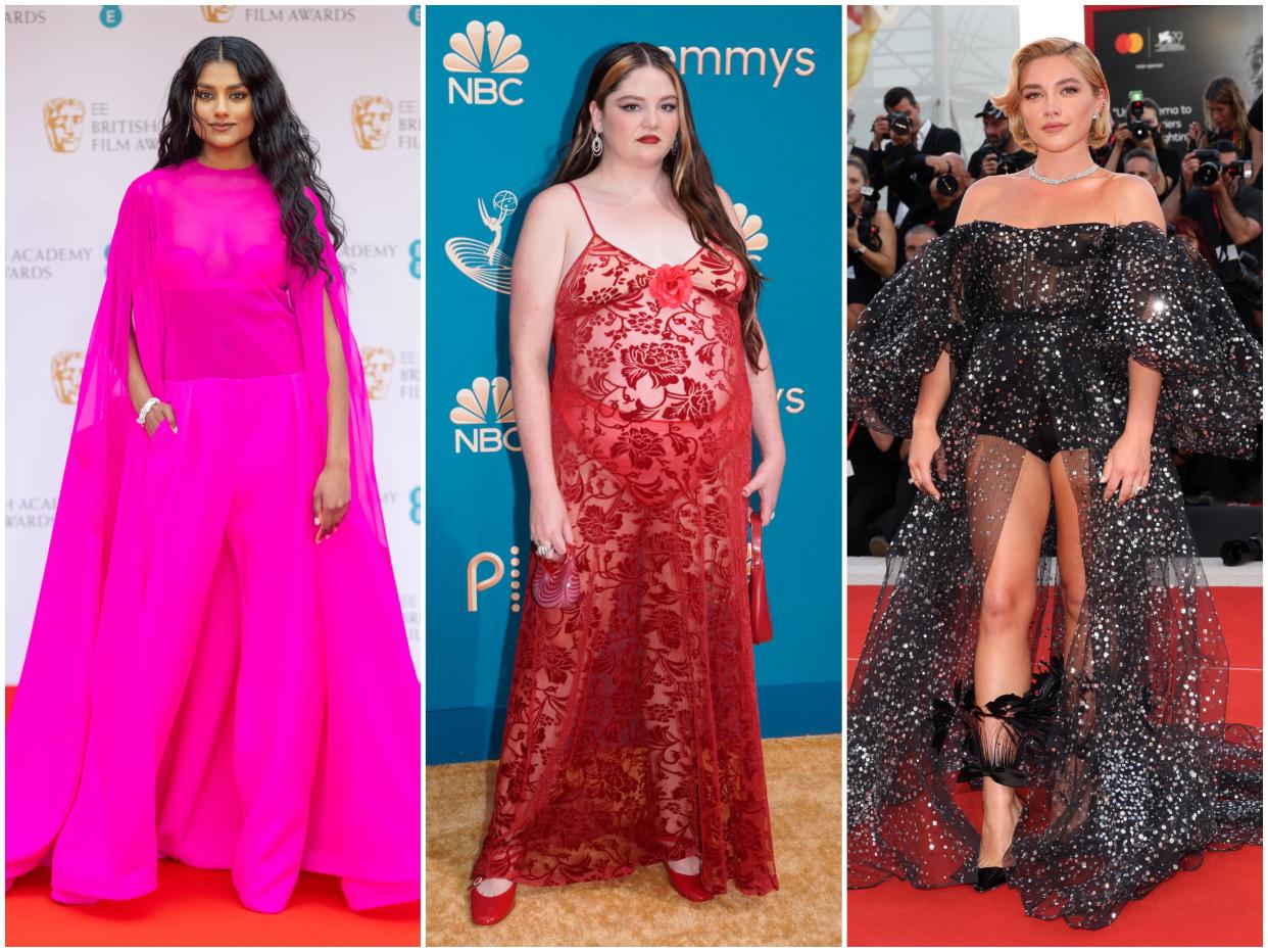 Simone Ashley in a sheer pink jumpsuit, Megan Stalter in a red lace dress; and Florence Pugh in a black, sparkling gown