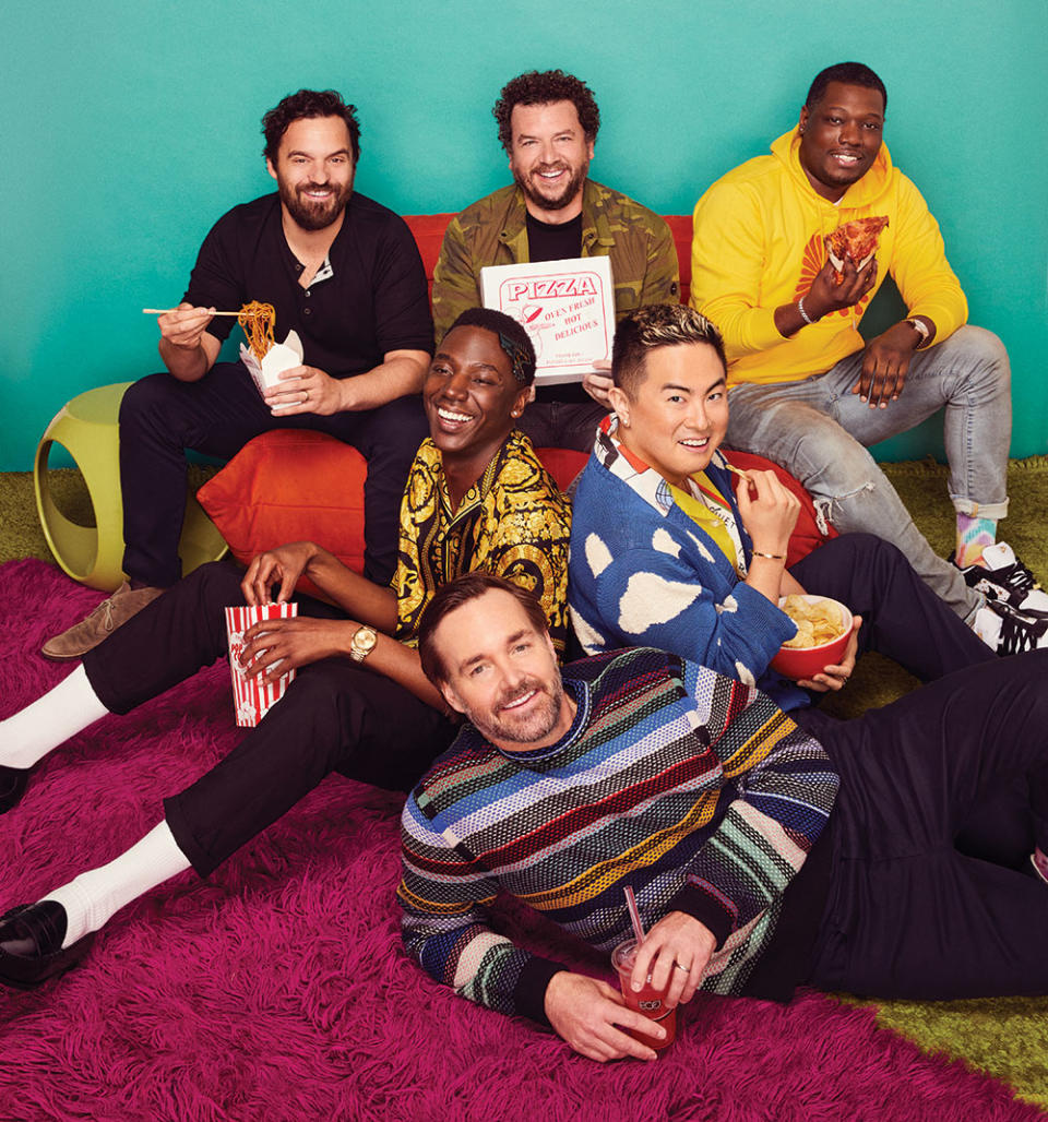 Clockwise from top left: Jake Johnson, Danny McBride, Michael Che, Bowen Yang, Will Forte and Jerrod Carmichael were photographed April 30 at the PMC Studio in L.A. Says McBride about working in TV comedy: “The best feedback is, ‘I had a really shitty week at work and I came home and watched your show and I laughed my ass off with my wife.’ “ - Credit: Photographed By Sami Drasin