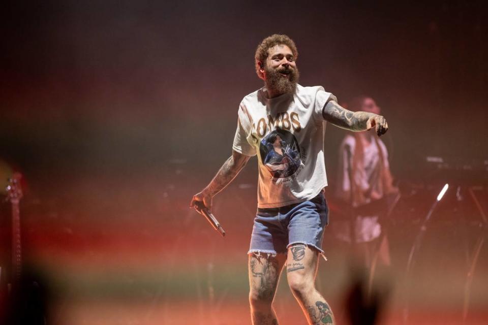 Post Malone performs at the Lovin’ Life Music Fest on Friday night.