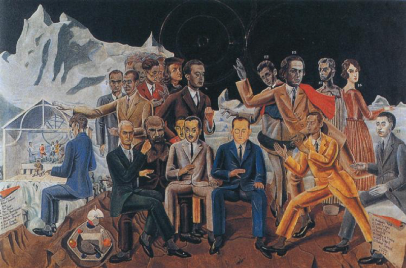 dada2000-5：圖三：1922年「達達」運動最盛時，由Max Ernst所畫的「朋友們的重聚」。收藏於Museum Ludwig。（取自Wikiart）
