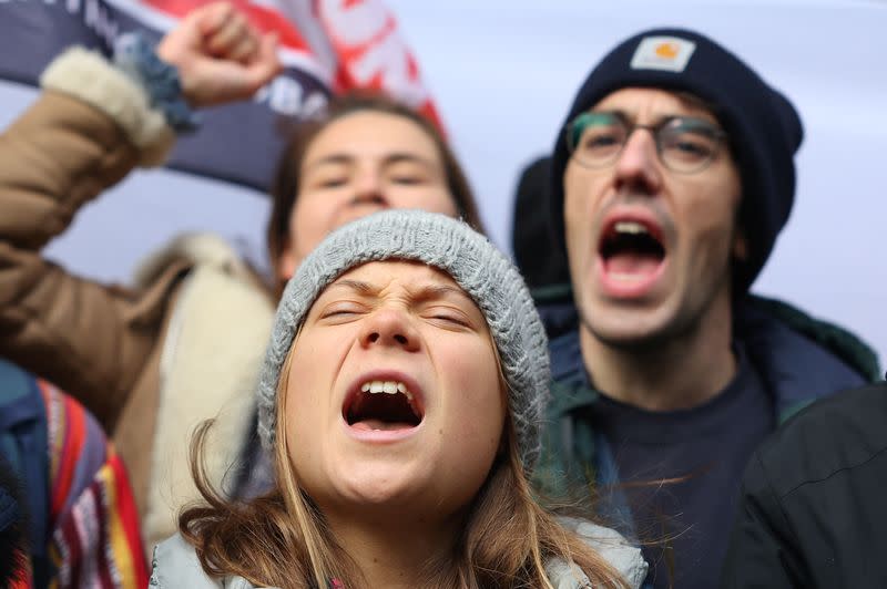 Swedish climate campaigner Greta Thunberg attends an Oily Money Out and Fossil Free London protest in London