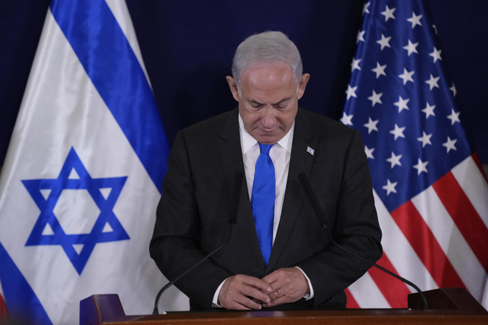 FILE - Israel's Prime Minister Benjamin Netanyahu make statements with the U.S. Secretary of State Antony Blinken to the media, inside The Kirya, which houses the Israeli Ministry of Defense, after their meeting in Tel Aviv, Thursday Oct. 12, 2023. A growing list of Israeli officials have accepted responsibility for failing to prevent Hamas’ brutal attack on Israeli communities during the Oct. 7 incursion that triggered the current Israel-Hamas war. Conspicuously absent from that roll call is Prime Minister Benjamin Netanyahu. (AP Photo/Jacquelyn Martin, Pool, File)