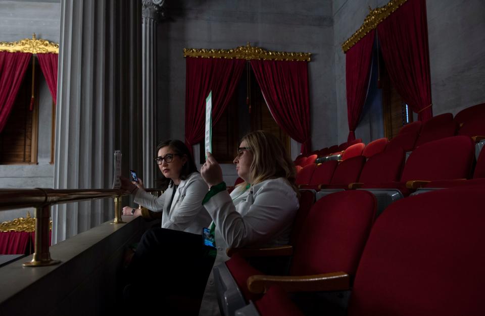 Dr. Amy Gordon Bono looks on while sitting next to Dr. Heather Maune after the vote for HB 883 during a House session at the Tennessee state Capitol in Nashville, Tenn., Monday, March 20, 2023. The bill adds narrow exceptions to the state's strict abortion ban.