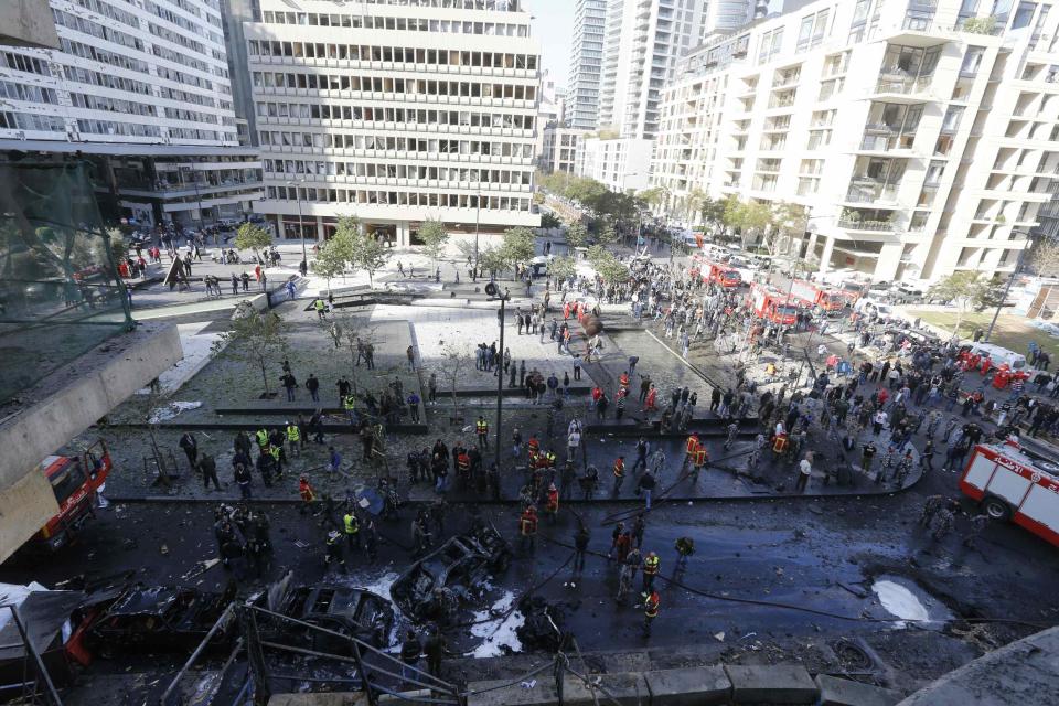 A general view of the site of an explosion in downtown Beirut December 27, 2013. Former Lebanese Minister Mohamad Chatah, who opposed Syrian President Bashar al-Assad, and four other people were killed in a massive bomb blast that targeted his car in Beirut on Friday, security sources said.s (REUTERS/Mohamed Azakir)