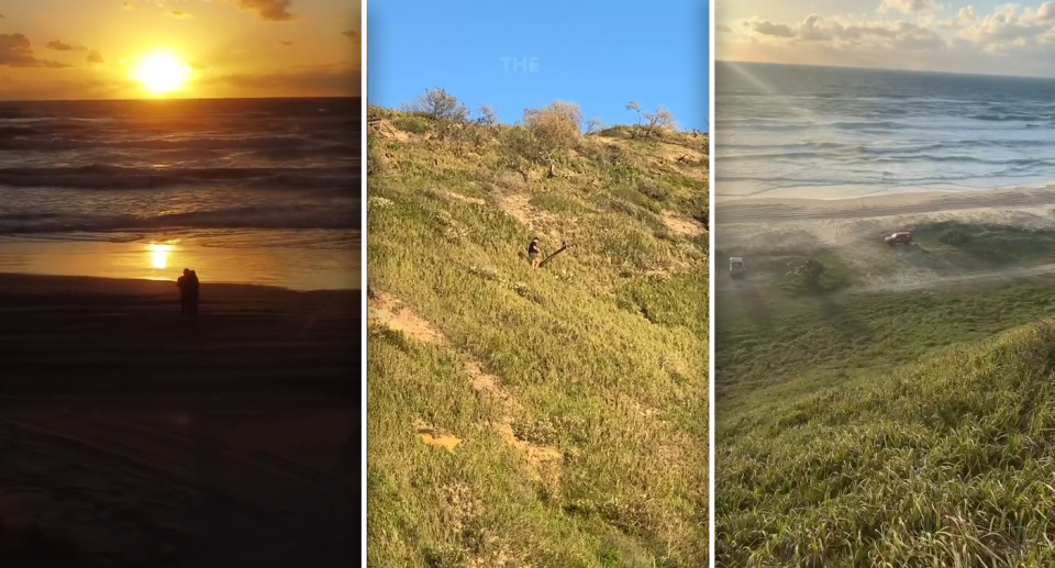 The sunrise (left) captured by Ben using a drone. Ben on the hillside (centre) where he lost his drone. Looking down at the truck and beach (right) from the dune.