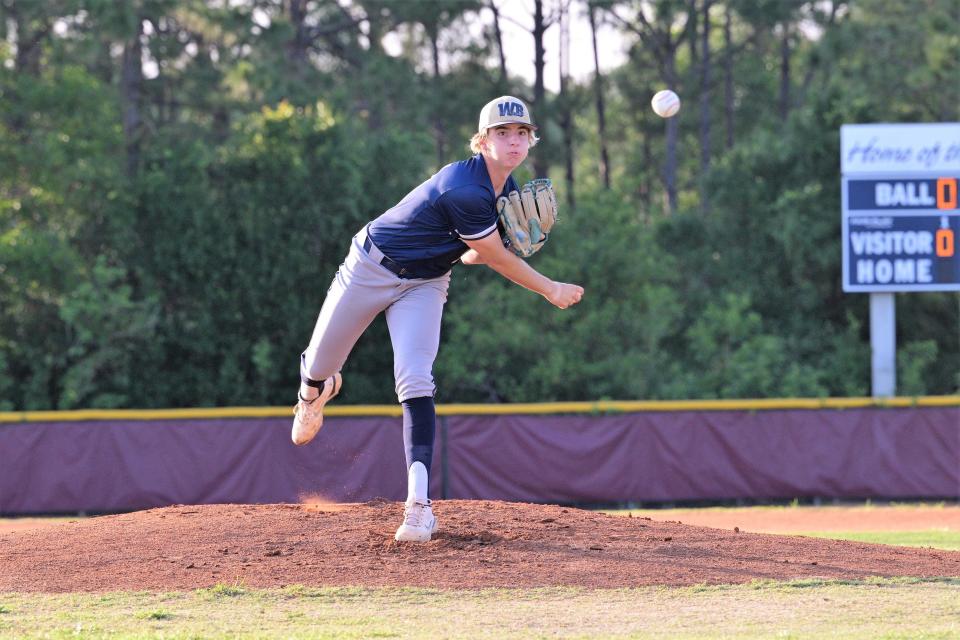West Boca's James Litman hurls a pitch during Thursday's district championship game against Dwyer. The junior racked up 10 strikeouts in a stellar performance on May 4, 2023.
