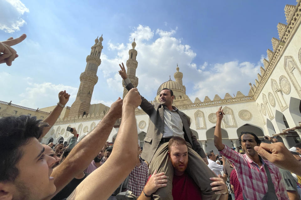 Protesters shout anti-Israel slogans as they leave Friday prayers at Azhar mosque, the Sunni Muslim world's premier Islamic institution, in Cairo, Egypt, Friday, Oct. 13, 2023. (AP Photo/Amr Nabil)