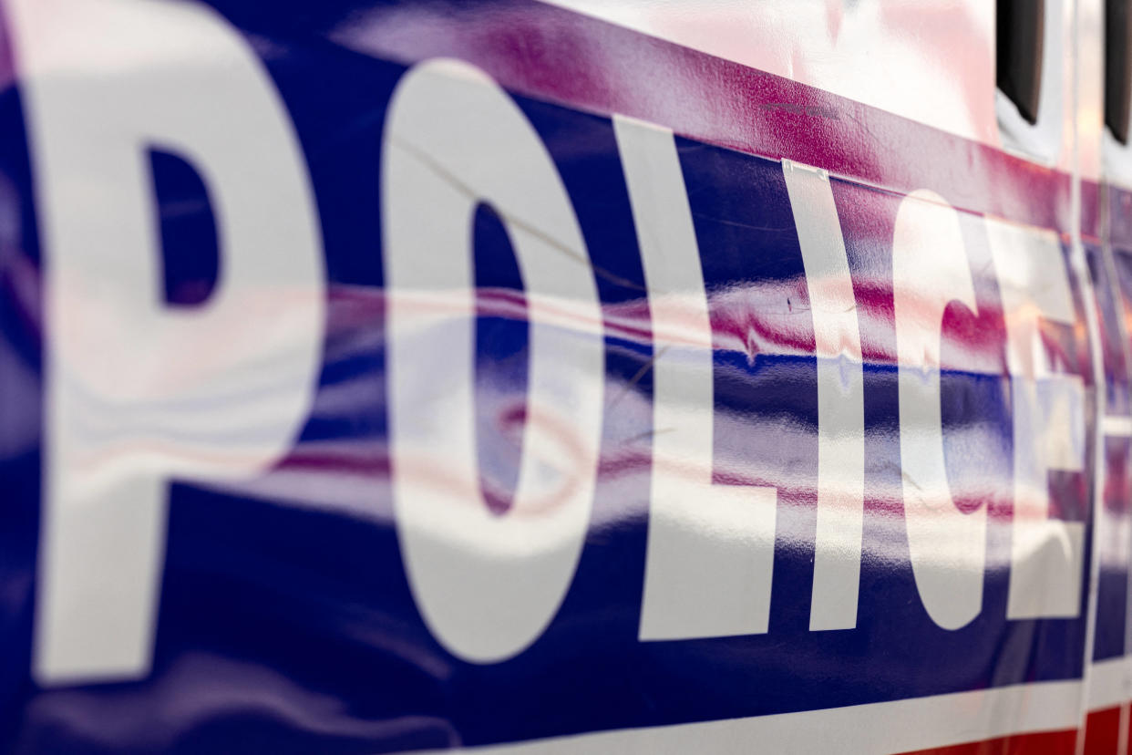 This photograph taken on September 27, 2023, shows the Police logo on a police truck at the Paris National Police Academy (ENPP). (Photo by JOEL SAGET / AFP)