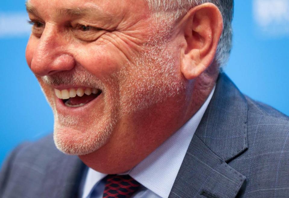 Superintendent Peter Licata smiles while he gave his remarks and took questions during his press conference after the Broward School Board’s held a special meeting to vote on the his new contract inside the Board Room at the Kathleen C. Wright Building in Fort Lauderdale, Florida on Tuesday, July 11, 2023.