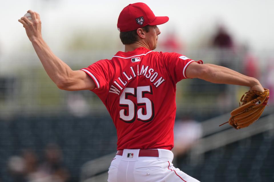 Brandon Williamson,  among those competing for a starting spot in the rotation, lasted only two innings Sunday night against the Cleveland Guardians before being pulled with shoulder soreness. He allowed four runs and walked three batters.