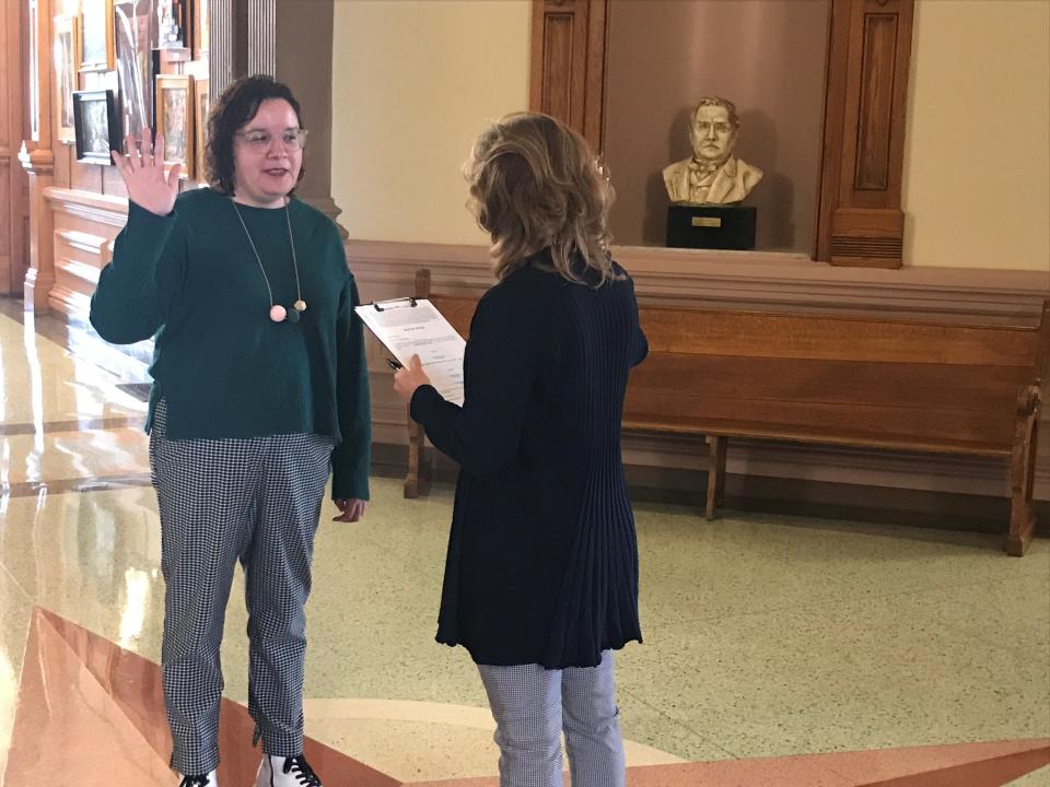 Monica Casanova takes the oath of office to become Fairfield Township trustee on Tuesday, Nov. 29, 2022. A caucus elected Casanova on Nov. 12 to serve the balance of the term of the former trustee. Voters elected Casanova in November's General Election to serve a four-year term as trustee. She will be sworn in again in December for that term.