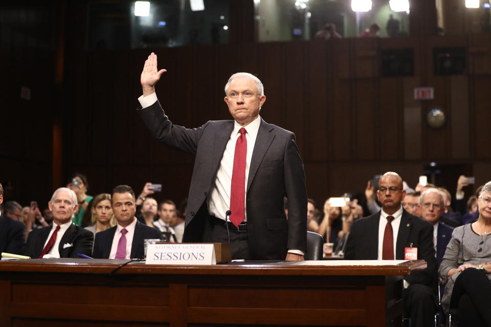 <p>Jeff Sessions, U.S. attorney general, swears in to a Senate Intelligence Committee hearing with U.S. Attorney General Jeff Sessions in Washington, D.C., on Tuesday, June 13, 2017. (Photo: Andrew Harrer/Bloomberg via Getty Images) </p>