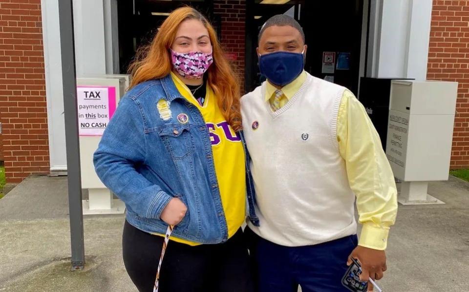 Barksdale and his daughter stand outside of a polling place after they voted together for the first time in 2020.