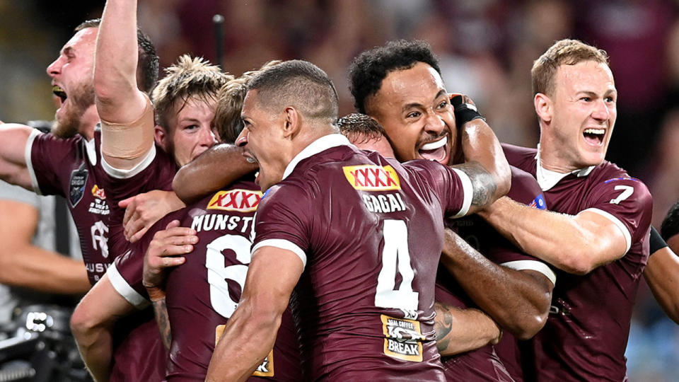 Seen here, Maroons players celebrate their 2020 Origin series victory.