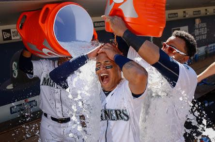 Leonys Martin celebrates his walk-off homer. (Getty Images)