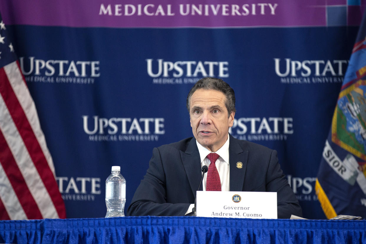 New York Gov. Andrew Cuomo speaks during his daily press briefing on Tuesday. He is attracting criticism for not expediting the release of more prisoners during the coronavirus pandemic. (Photo: Stefani Reynolds/Getty Images)