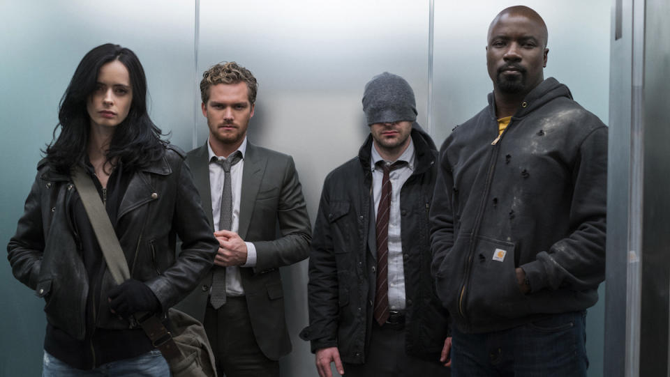 Jessica Jones, Danny Rand, Matt Murdock, Luke Cage in Marvel's The Defenders.