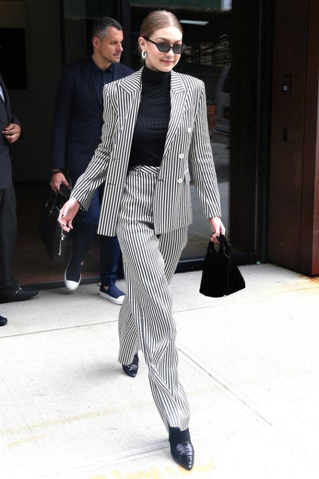 Gigi Hadid White Suit and Bear Bag