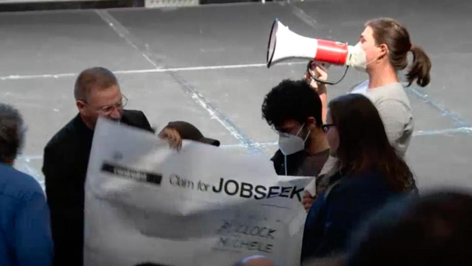 29/08/2023 Protesters have interrupted the opening remarks of a speech being given by incoming RBA governor Michele Bullock, taking aim at previous comments about how she wants to see the unemployment rate increase to 4.5 per cent. picture: ABC News