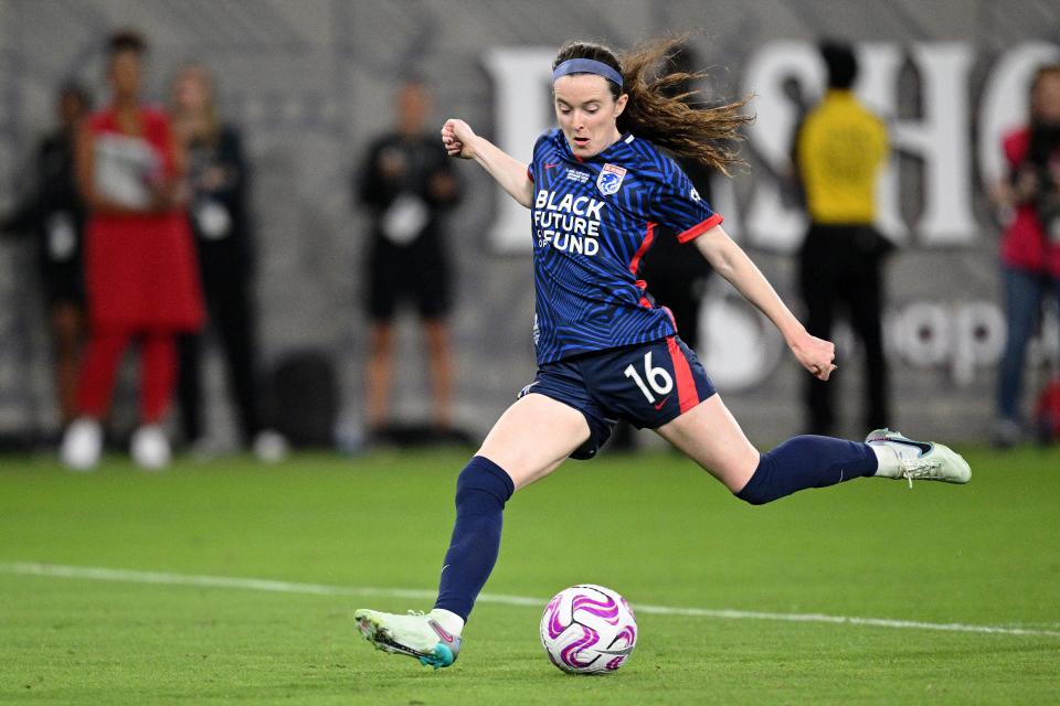 OL Reign midfielder Rose Lavelle scores a goal against New Jersey/New York Gotham FC during the 2023 NWSL championship game.