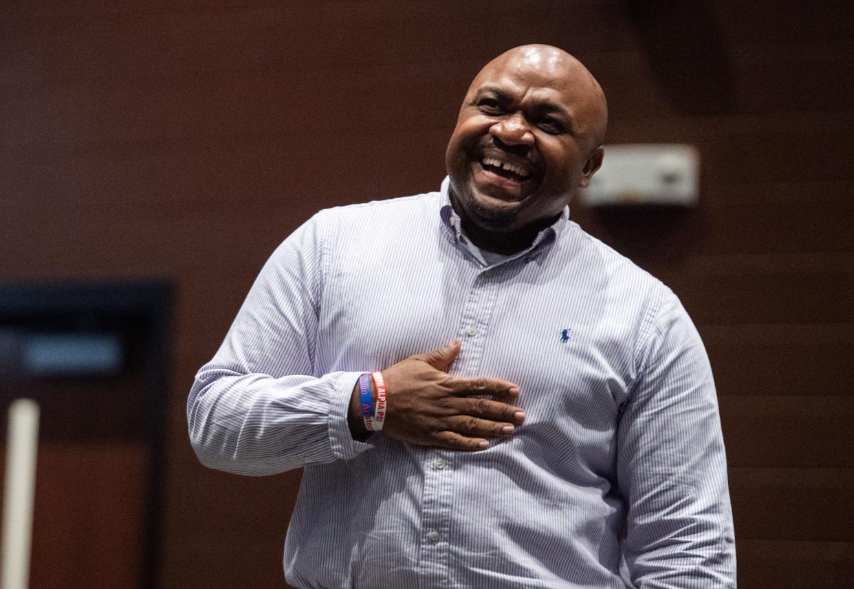 Cane Ridge High School Band Director Johnny Croft is surprised with the news that he is one of 30 people winning the CMA Foundation Music Teachers of Excellence Award inside the auditorium at Cane Ridge High School in Nashville, Tenn., on Tuesday, May 7, 2024.
