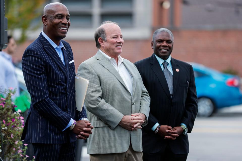 From left, President and CEO Detroit Economic Growth Corporation Kevin Johnson, Mayor Mike Duggan and City Council Member Roy McCalister, Jr. at the announcement of the opening round of Motor City Match on Livernois Avenue in Detroit on Sept. 16, 2021.